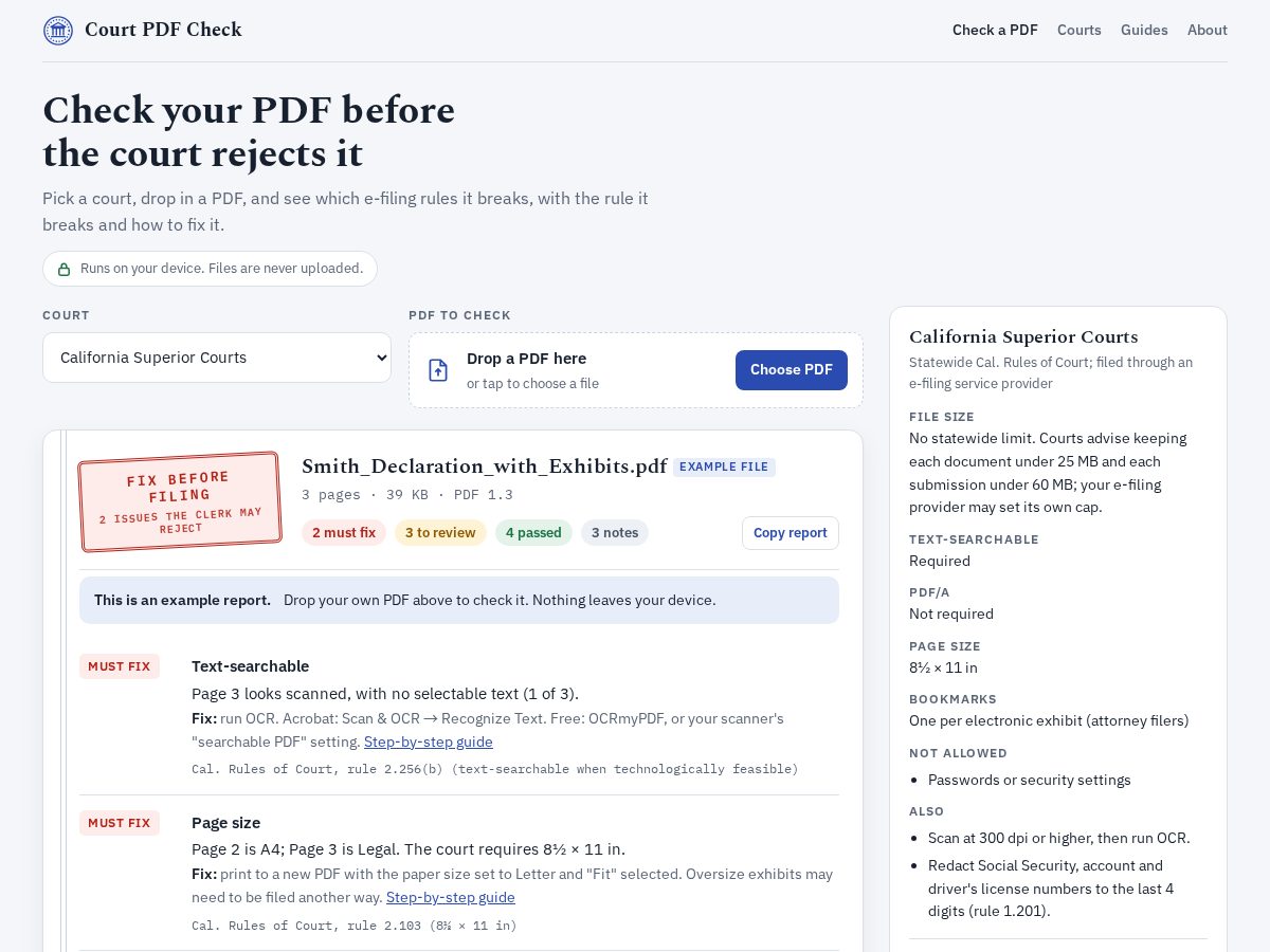 Landing-page snapshot of courtpdfcheck.com
