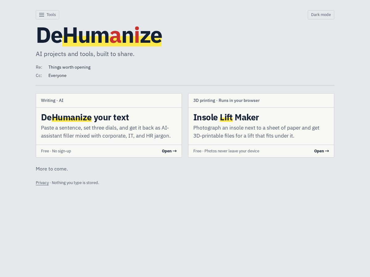 Landing-page snapshot of dehumaniz.ing