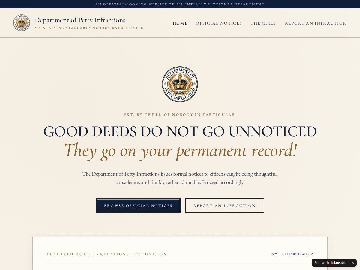 Landing-page snapshot of departmentofpettyinfractions.com