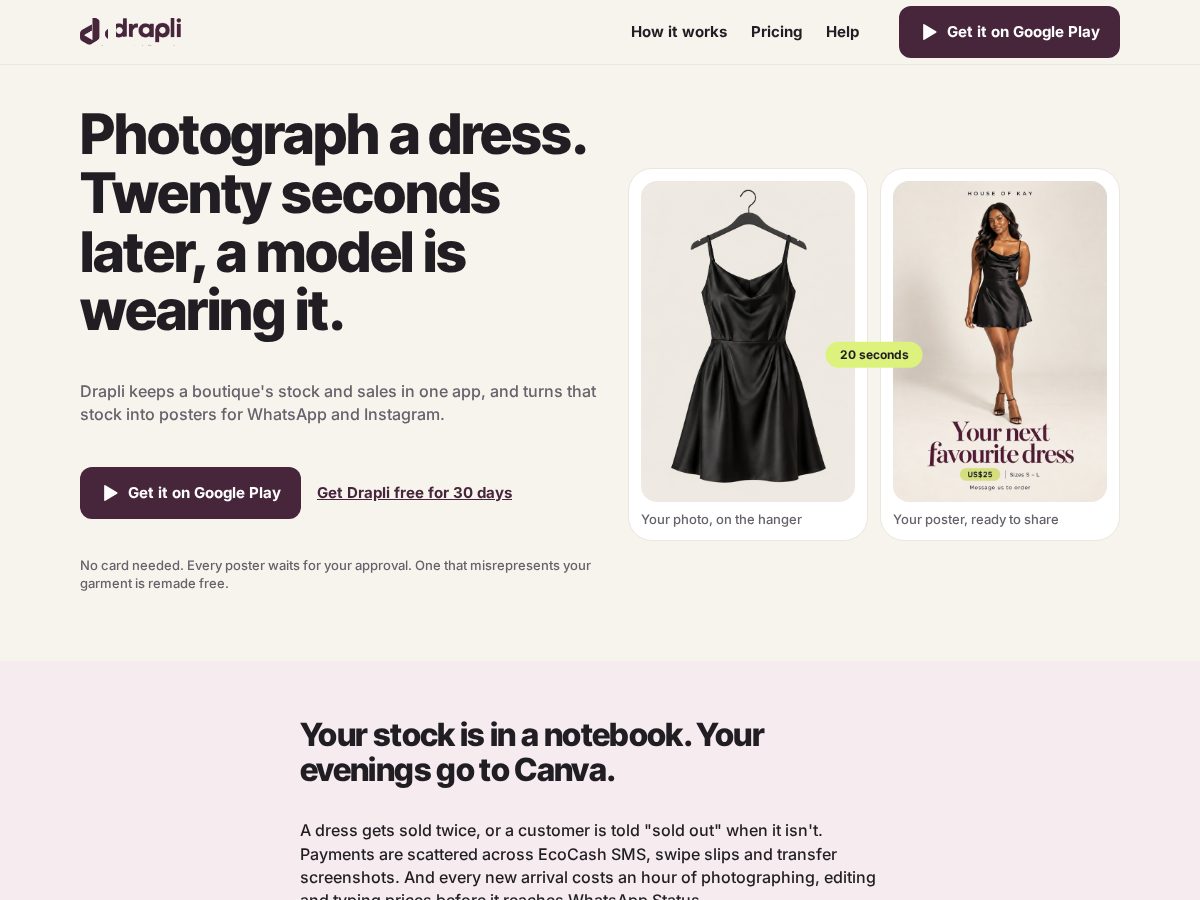 Landing-page snapshot of drapli.app