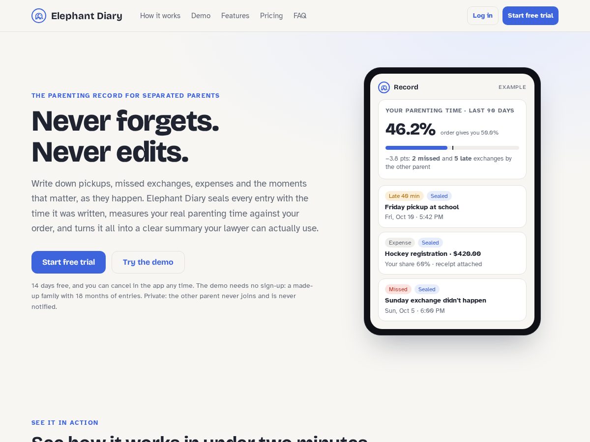 Landing-page snapshot of elephantdiary.com