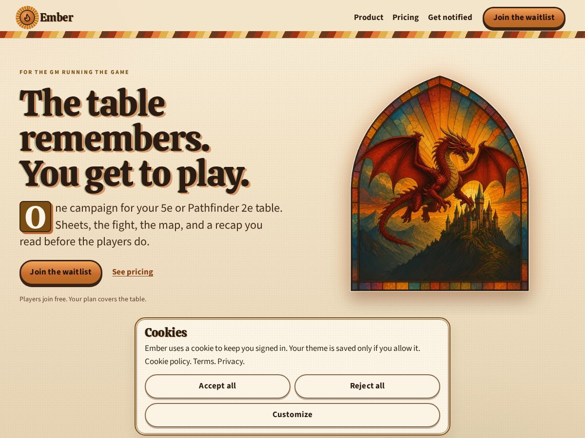 Landing-page snapshot of embertabletop.com
