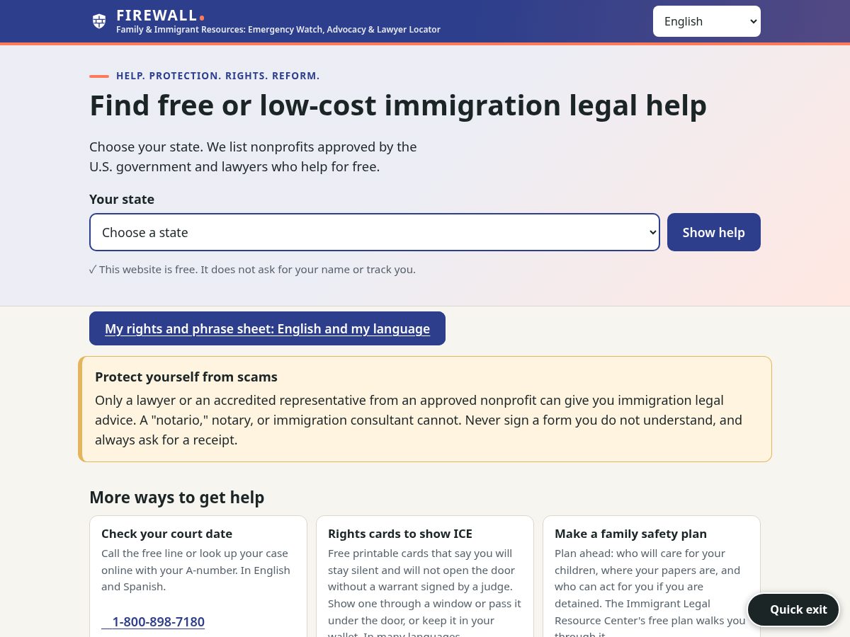Landing-page snapshot of firewallimmigration.org
