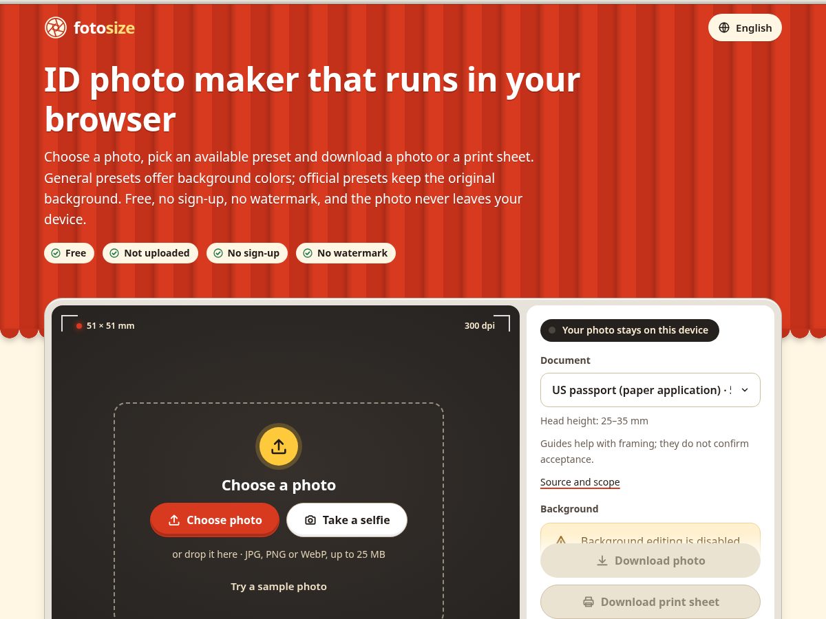 Landing-page snapshot of fotosize.com
