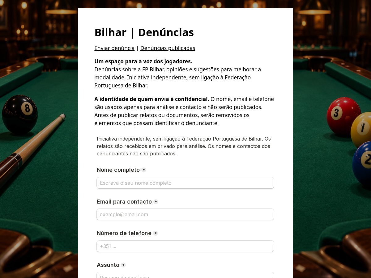 Landing-page snapshot of fpbilhardenuncias.com