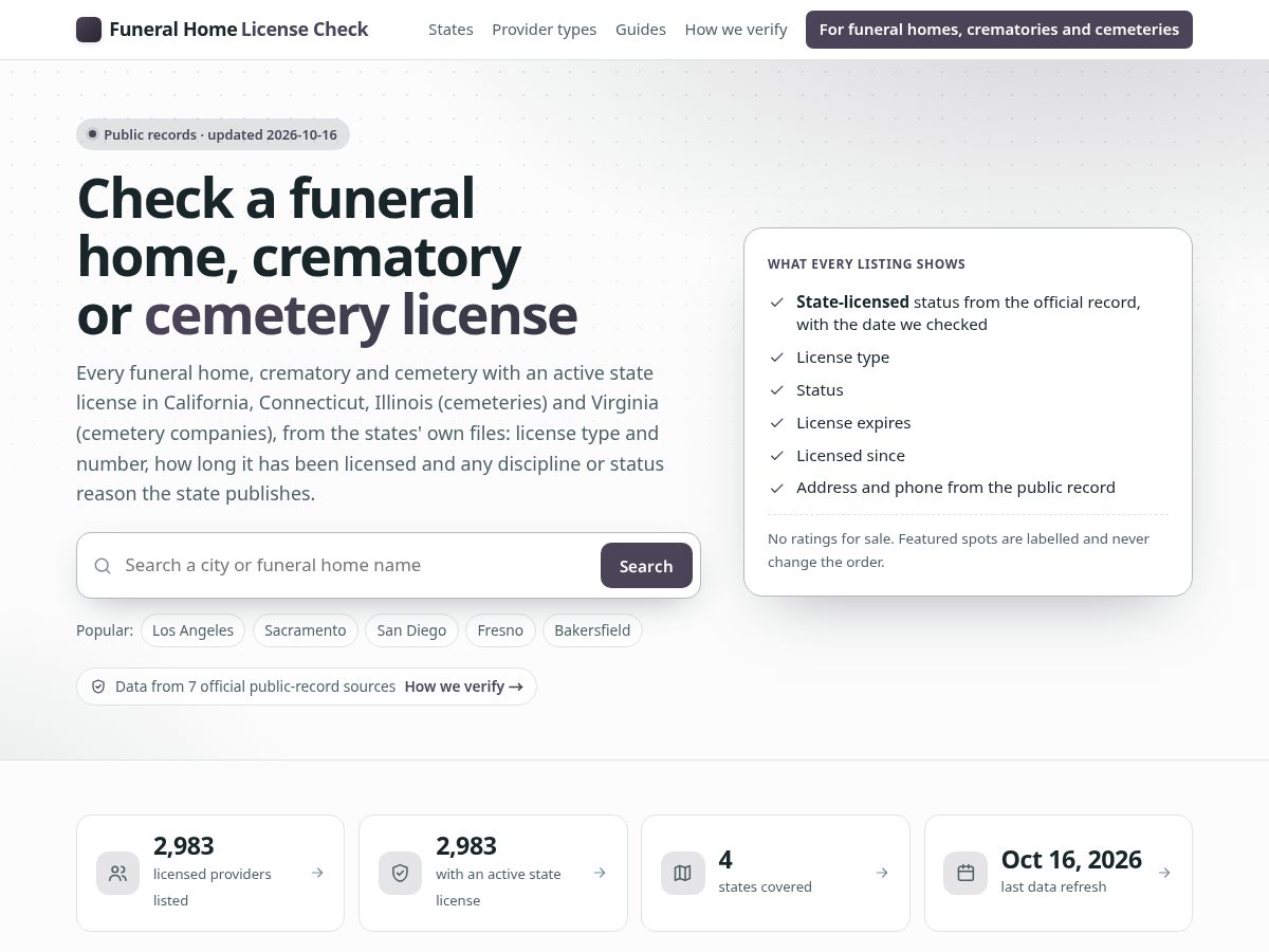 Landing-page snapshot of funeralhomelicensecheck.com