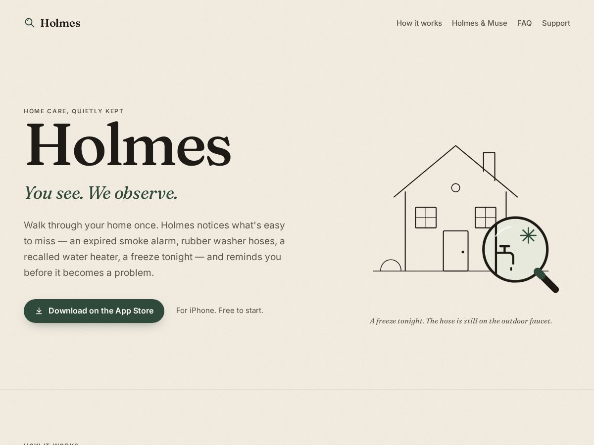Landing-page snapshot of getholmes.app