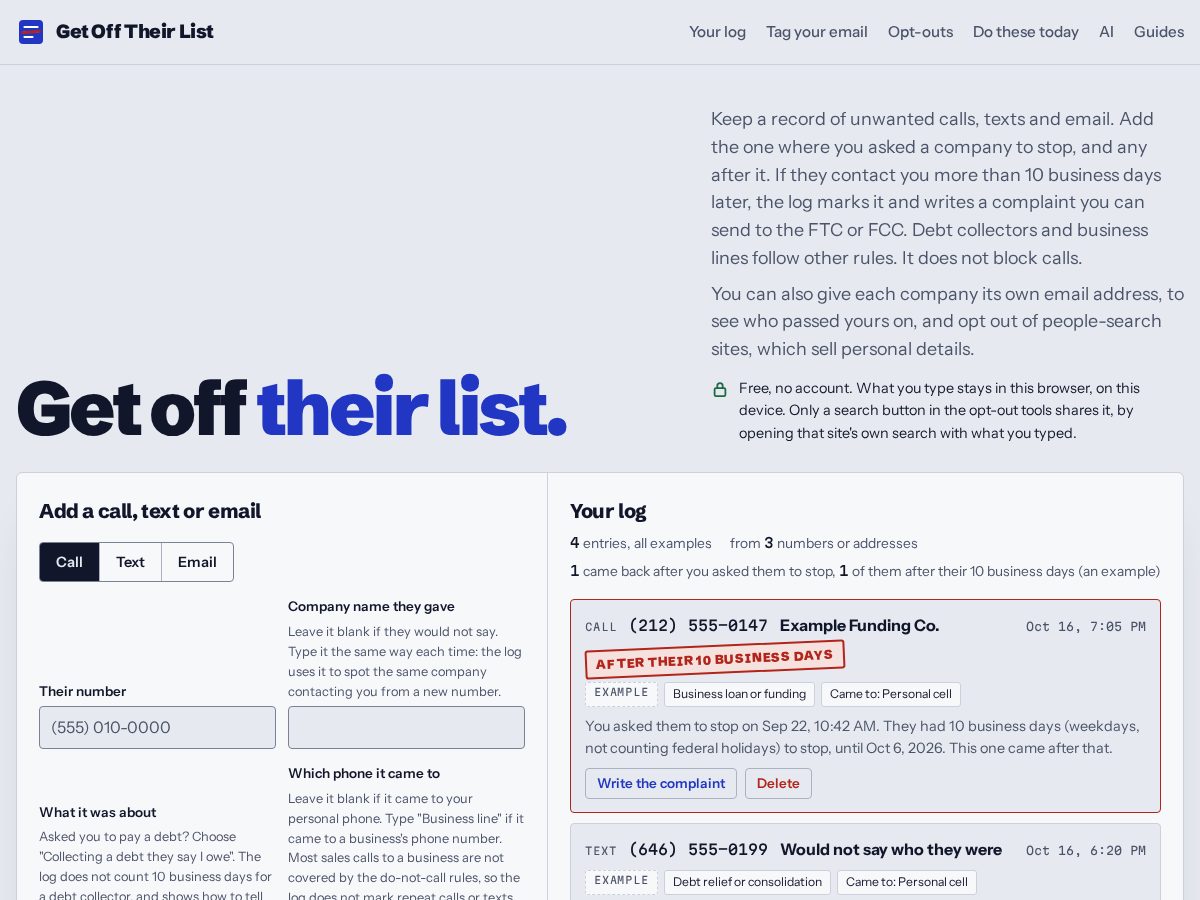 Landing-page snapshot of getofftheirlist.com
