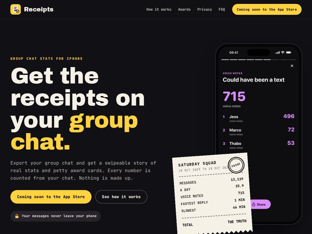 Landing-page snapshot of getreceipts.chat