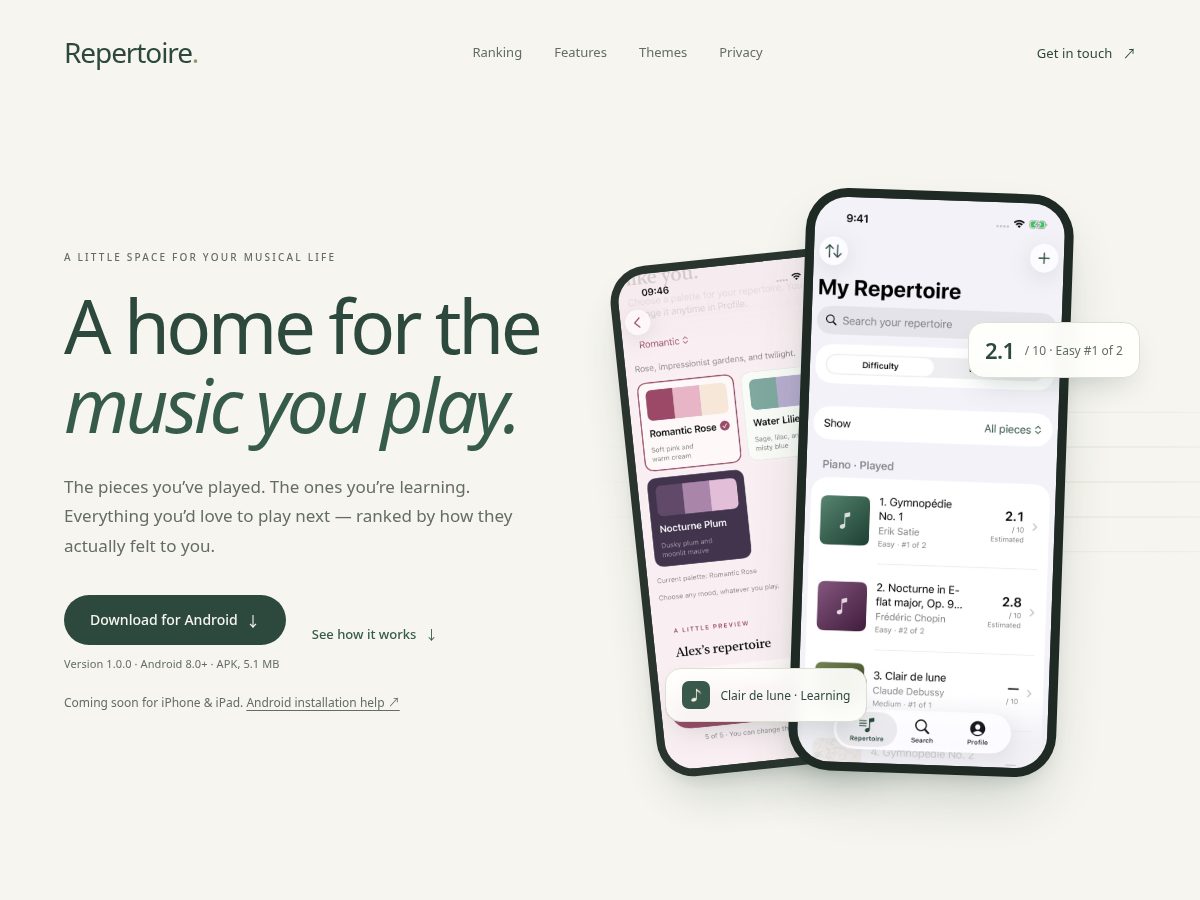 Landing-page snapshot of getrepertoire.app