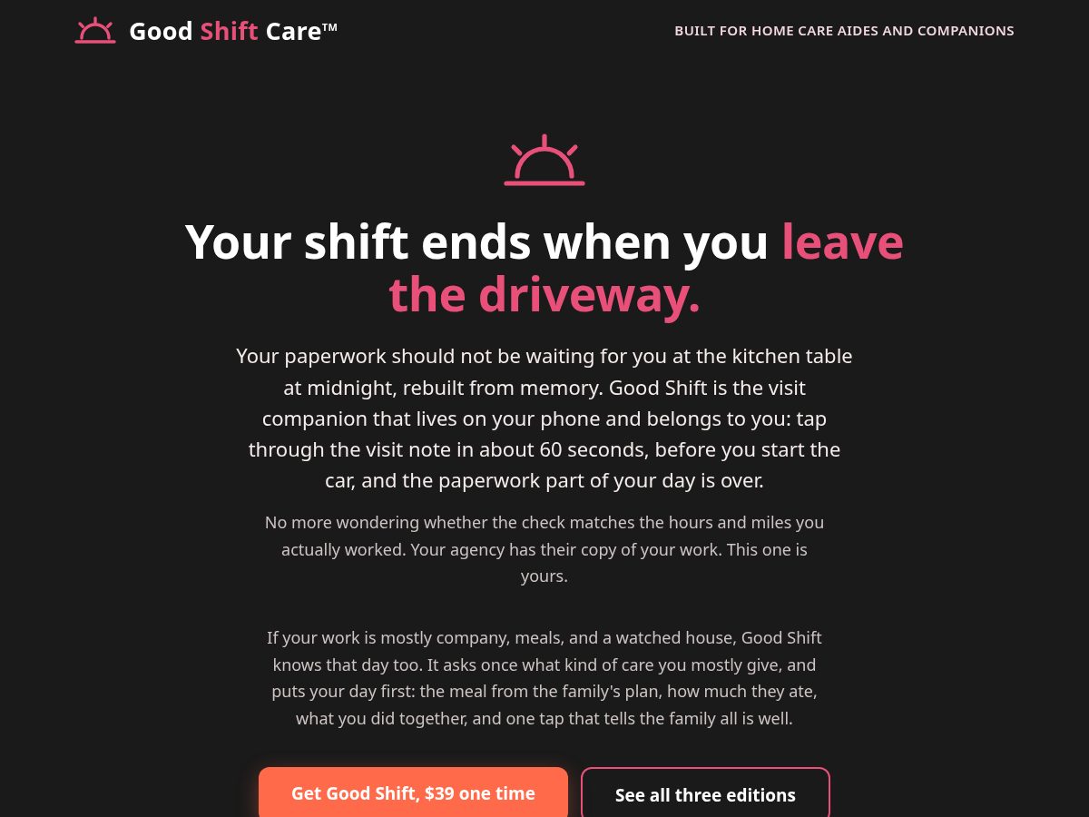 Landing-page snapshot of goodshiftcare.com