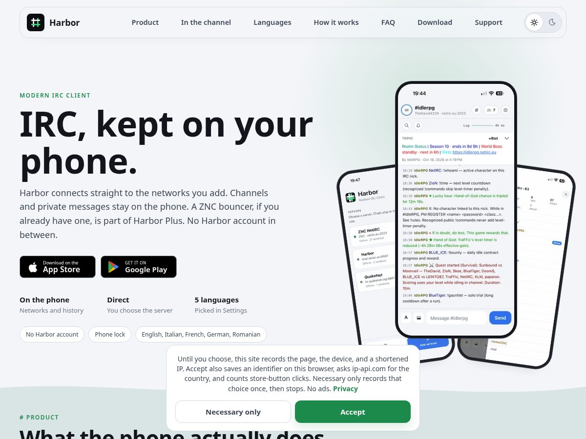 Landing-page snapshot of harborirc.app