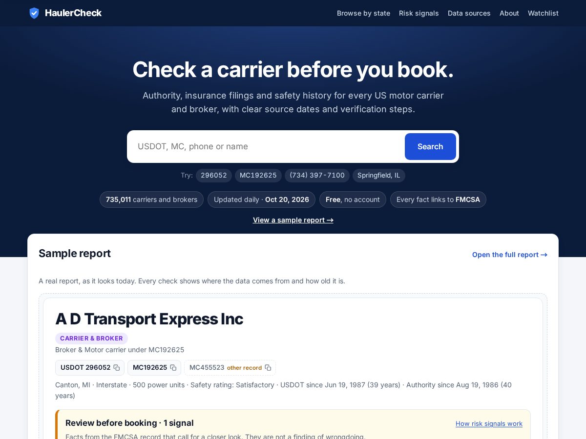 Landing-page snapshot of haulercheck.com