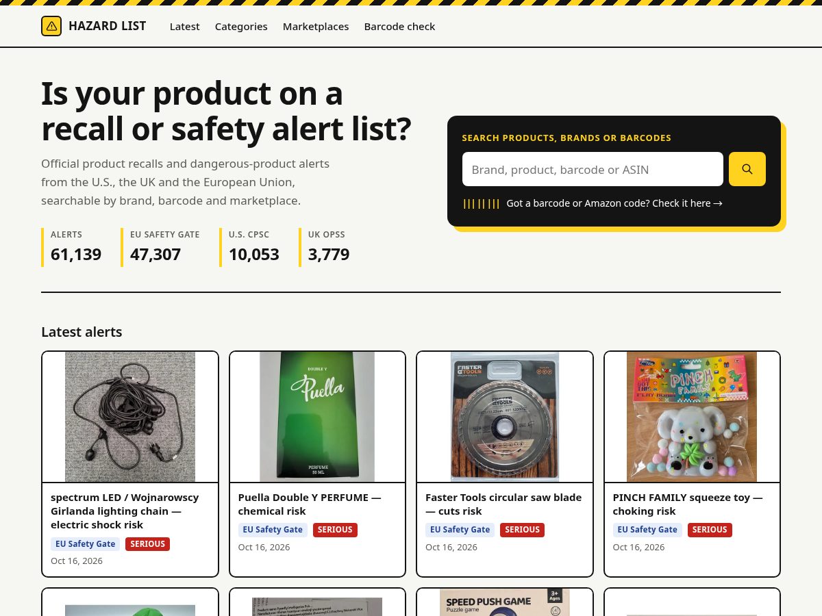 Landing-page snapshot of hazardlist.com