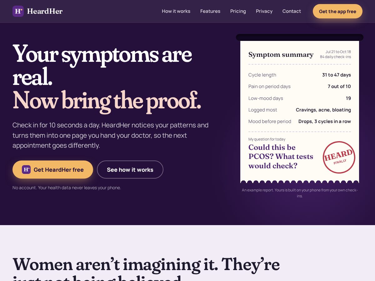 Landing-page snapshot of heardher.app