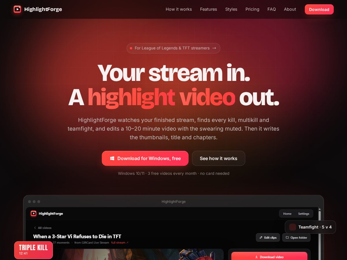 Landing-page snapshot of highlightforge.app