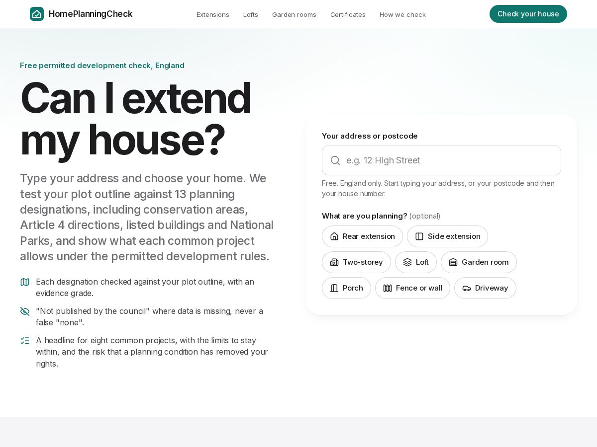 Landing-page snapshot of homeplanningcheck.com