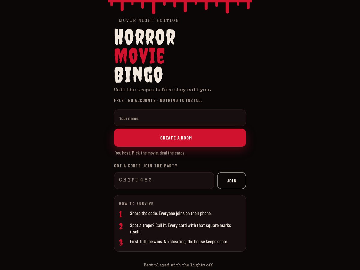 Landing-page snapshot of horrormoviebingo.net