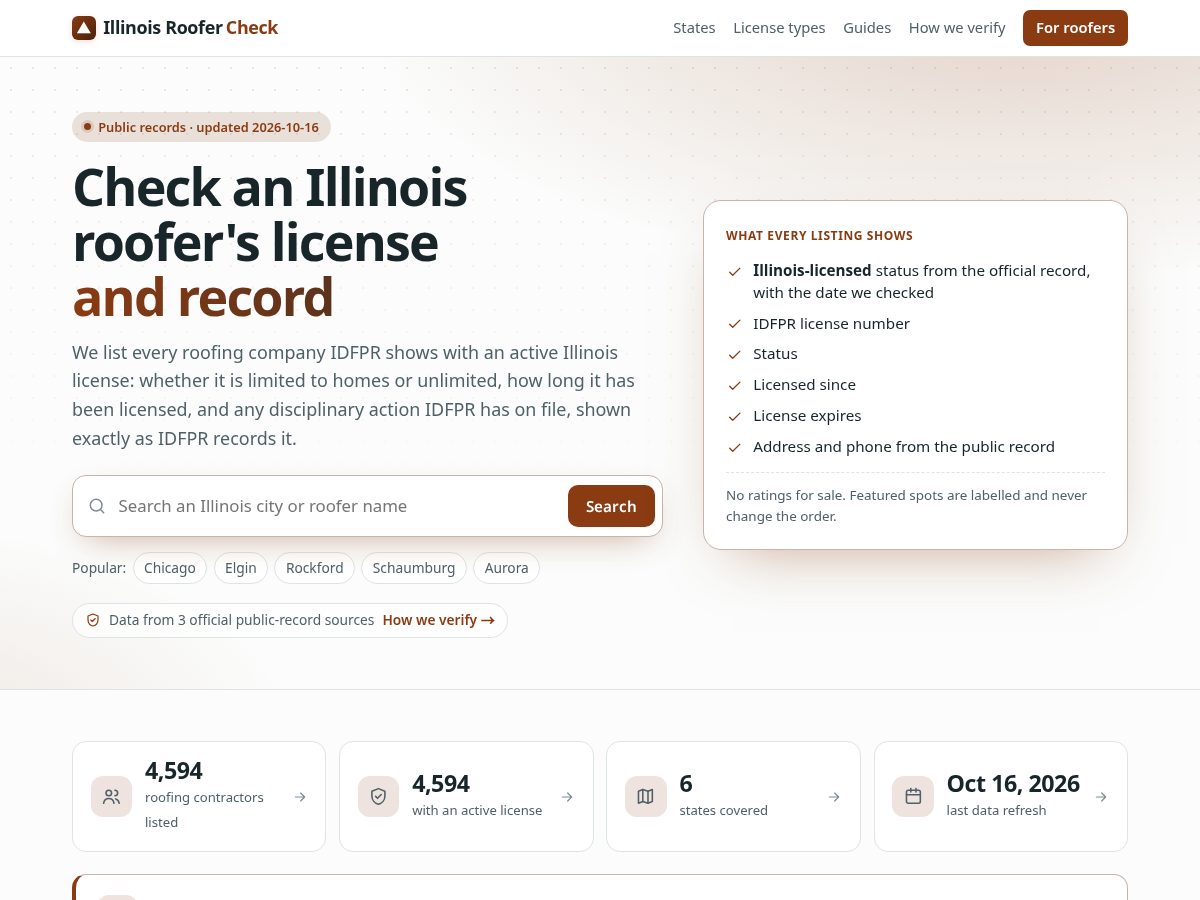 Landing-page snapshot of illinoisroofercheck.com