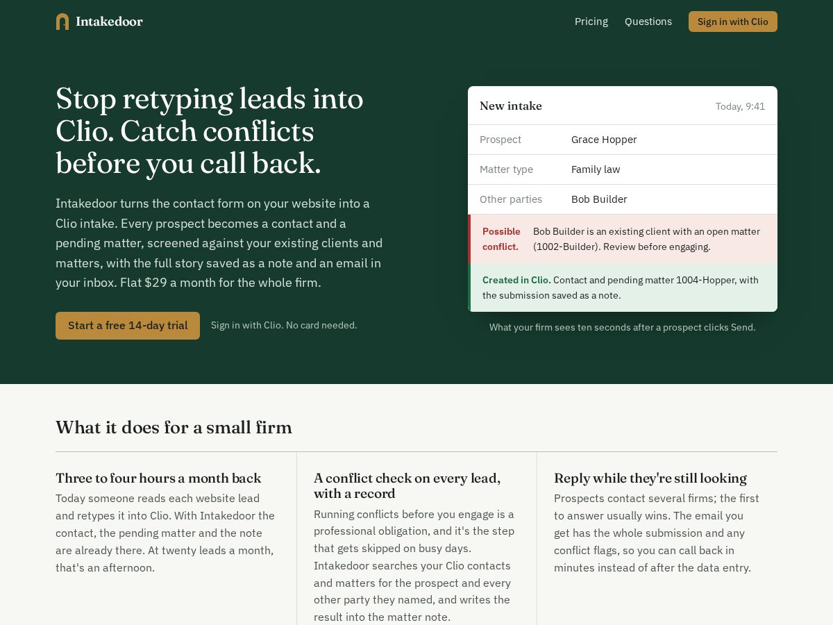 Landing-page snapshot of intakedoor.com