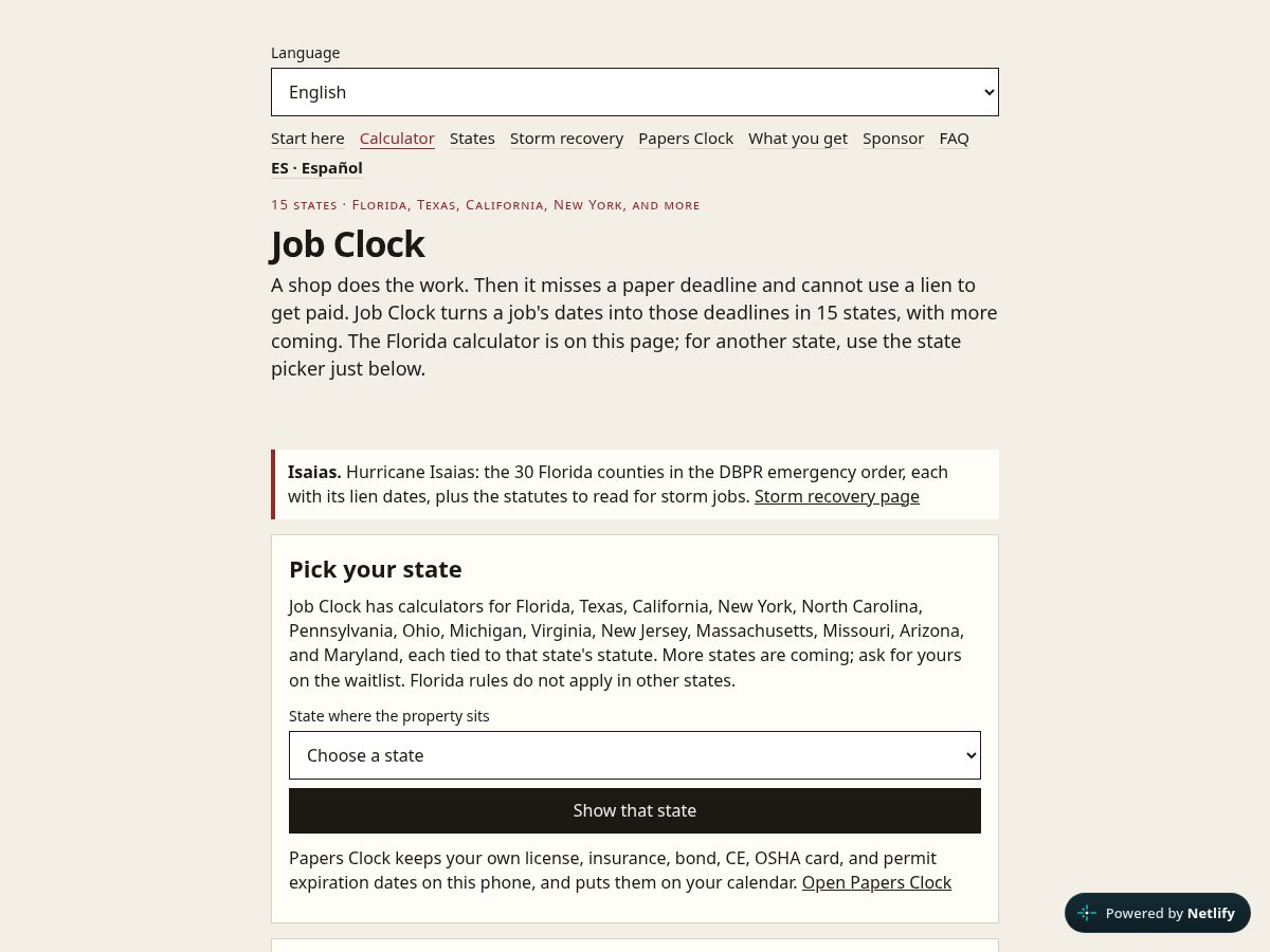 Landing-page snapshot of jobclockapp.com