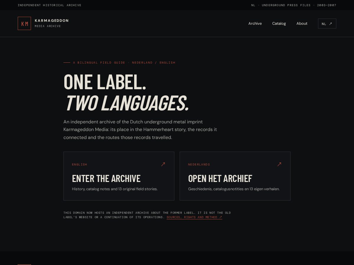 Landing-page snapshot of karmageddonmedia.com