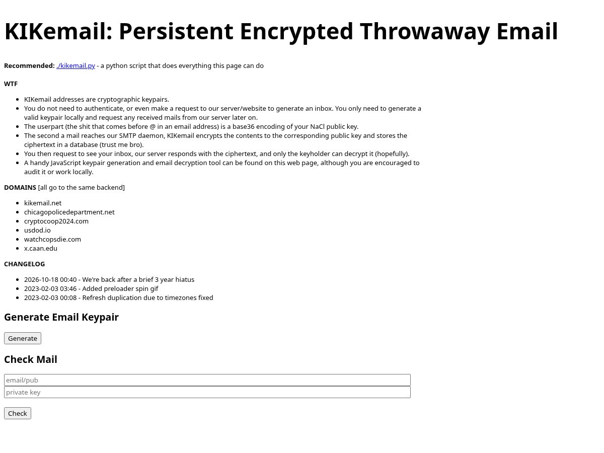 Landing-page snapshot of kikemail.net