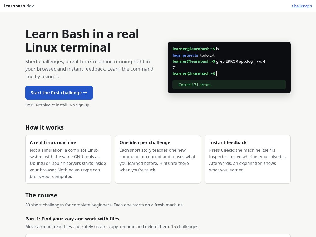 Landing-page snapshot of learnbash.dev