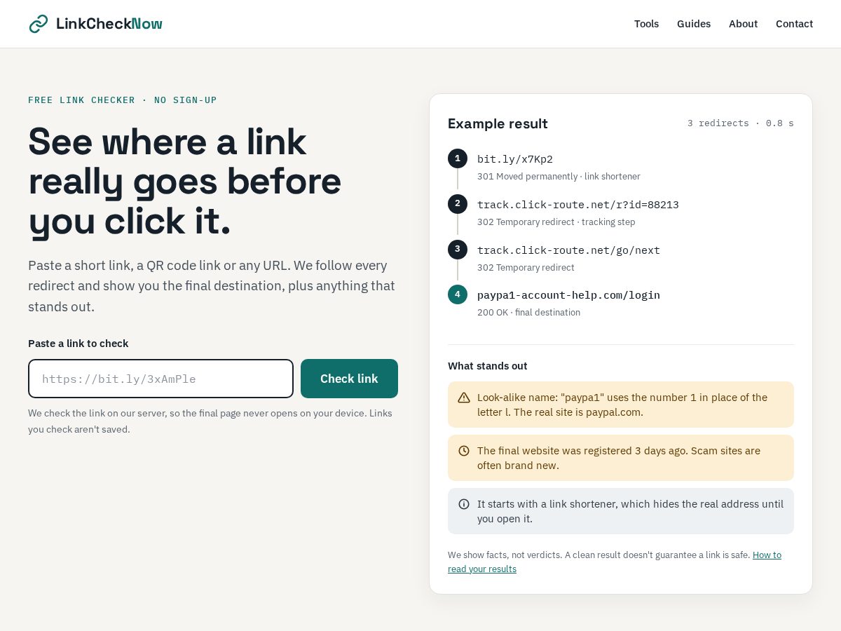 Landing-page snapshot of linkchecknow.com