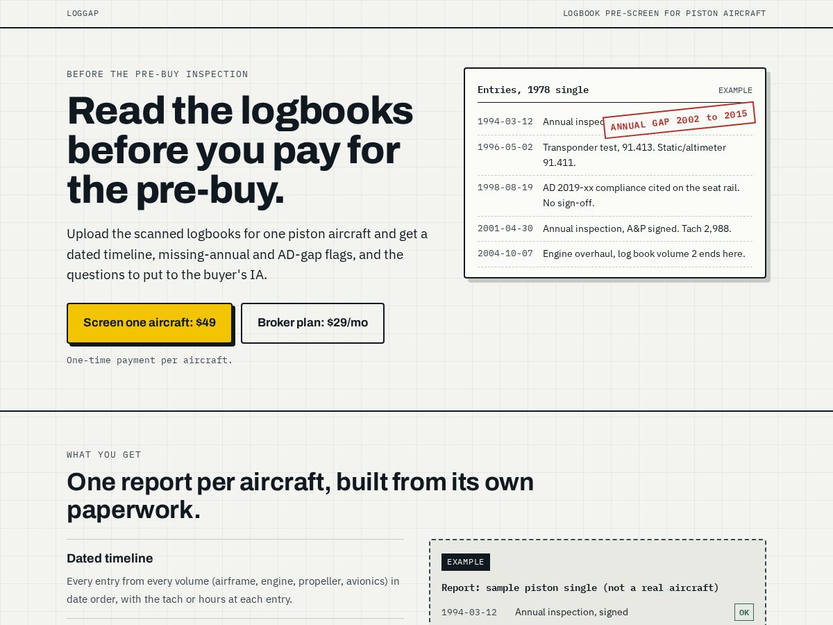 Landing-page snapshot of logbookgap.com