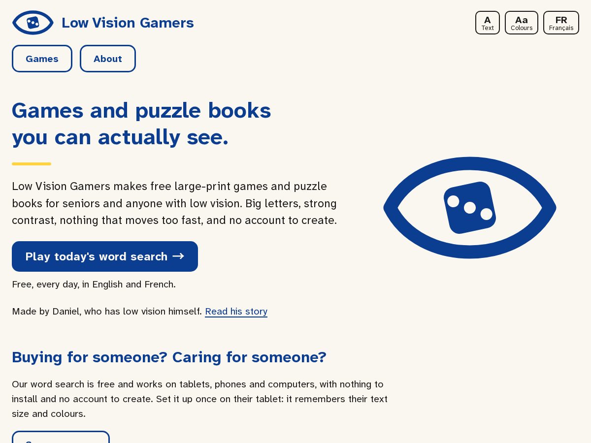 Landing-page snapshot of lowvisiongamers.com