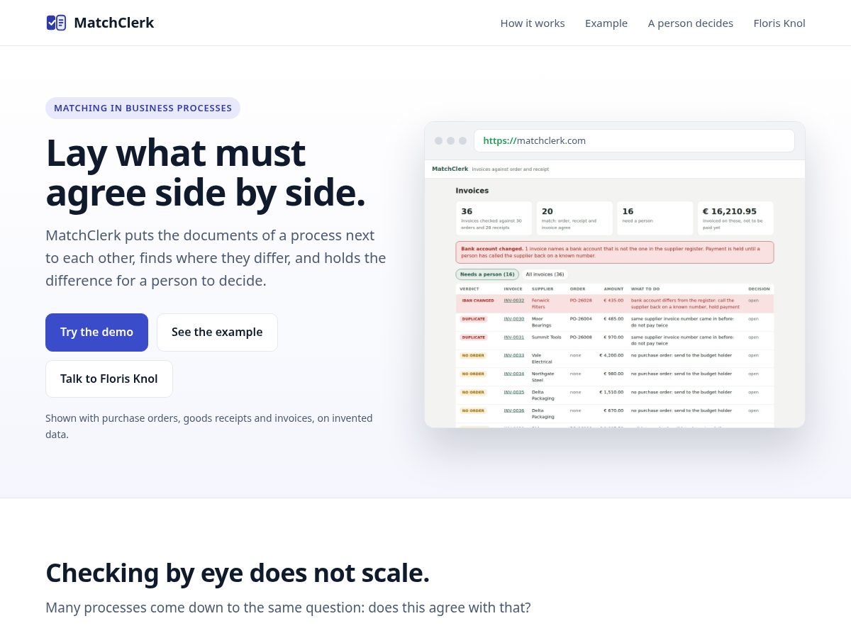 Landing-page snapshot of matchclerk.com