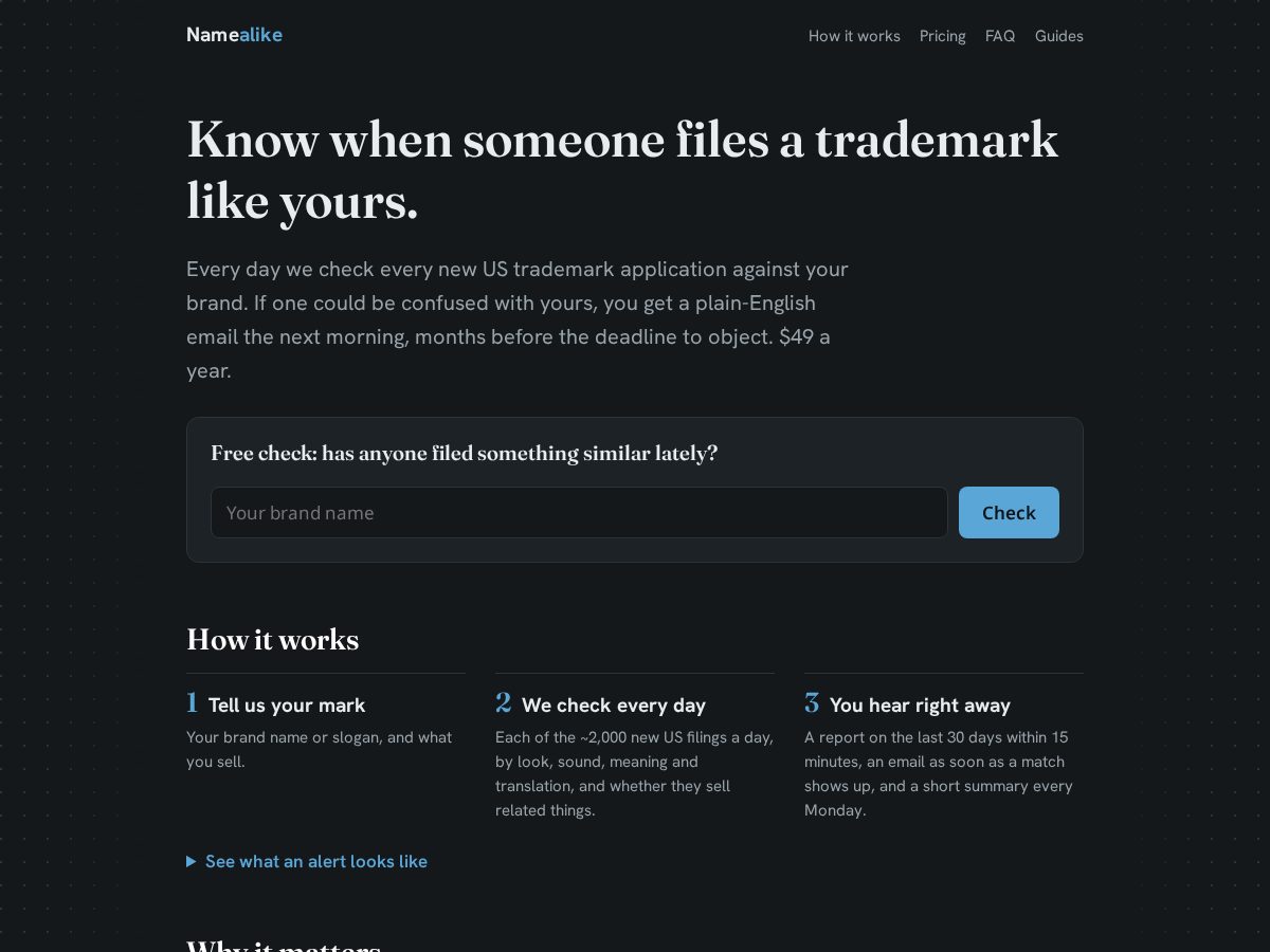 Landing-page snapshot of namealike.com