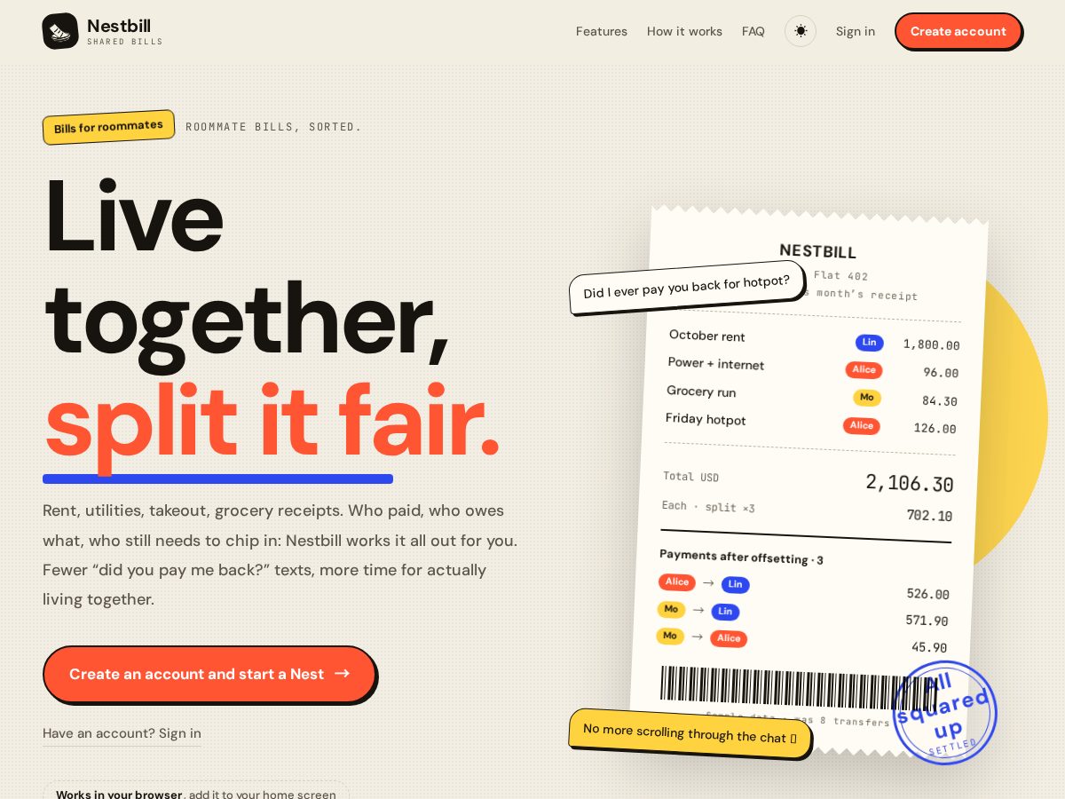 Landing-page snapshot of nestbill.life