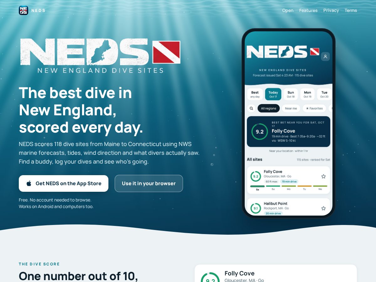 Landing-page snapshot of newenglanddivesites.com
