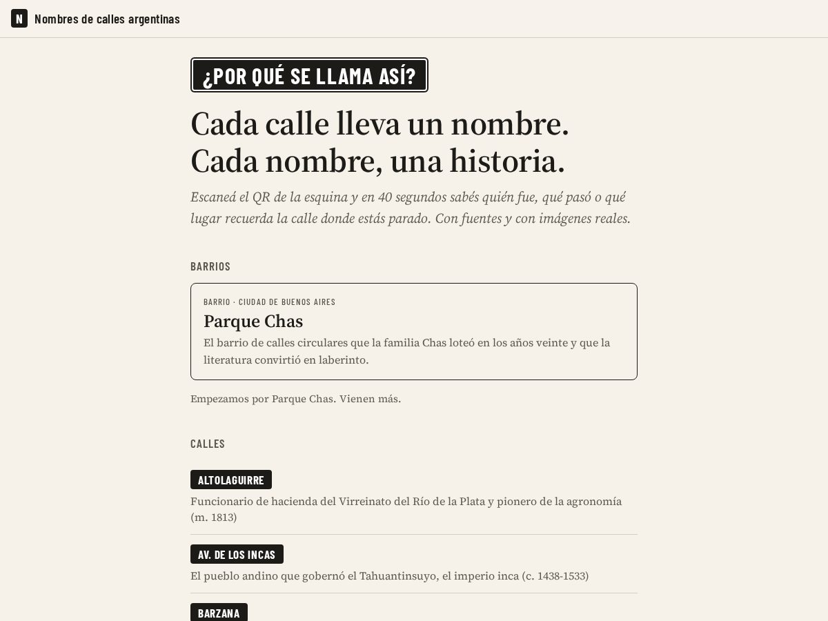 Landing-page snapshot of nombresdecallesargentinas.com