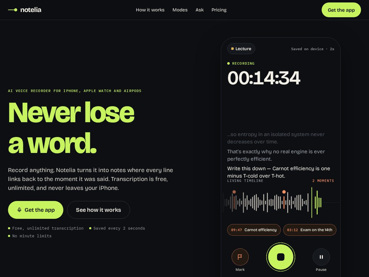 Landing-page snapshot of notelia.app