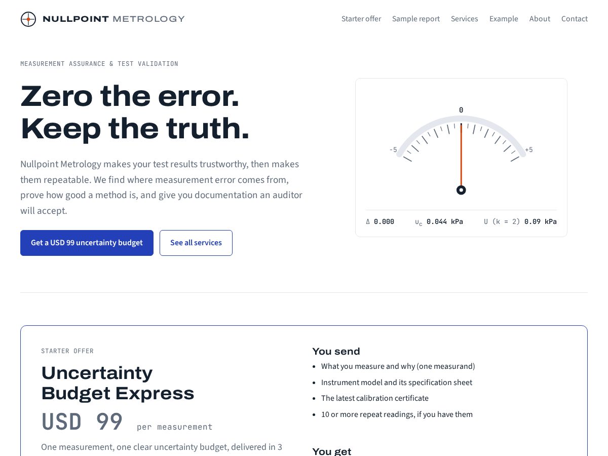 Landing-page snapshot of nullpointmetrology.com