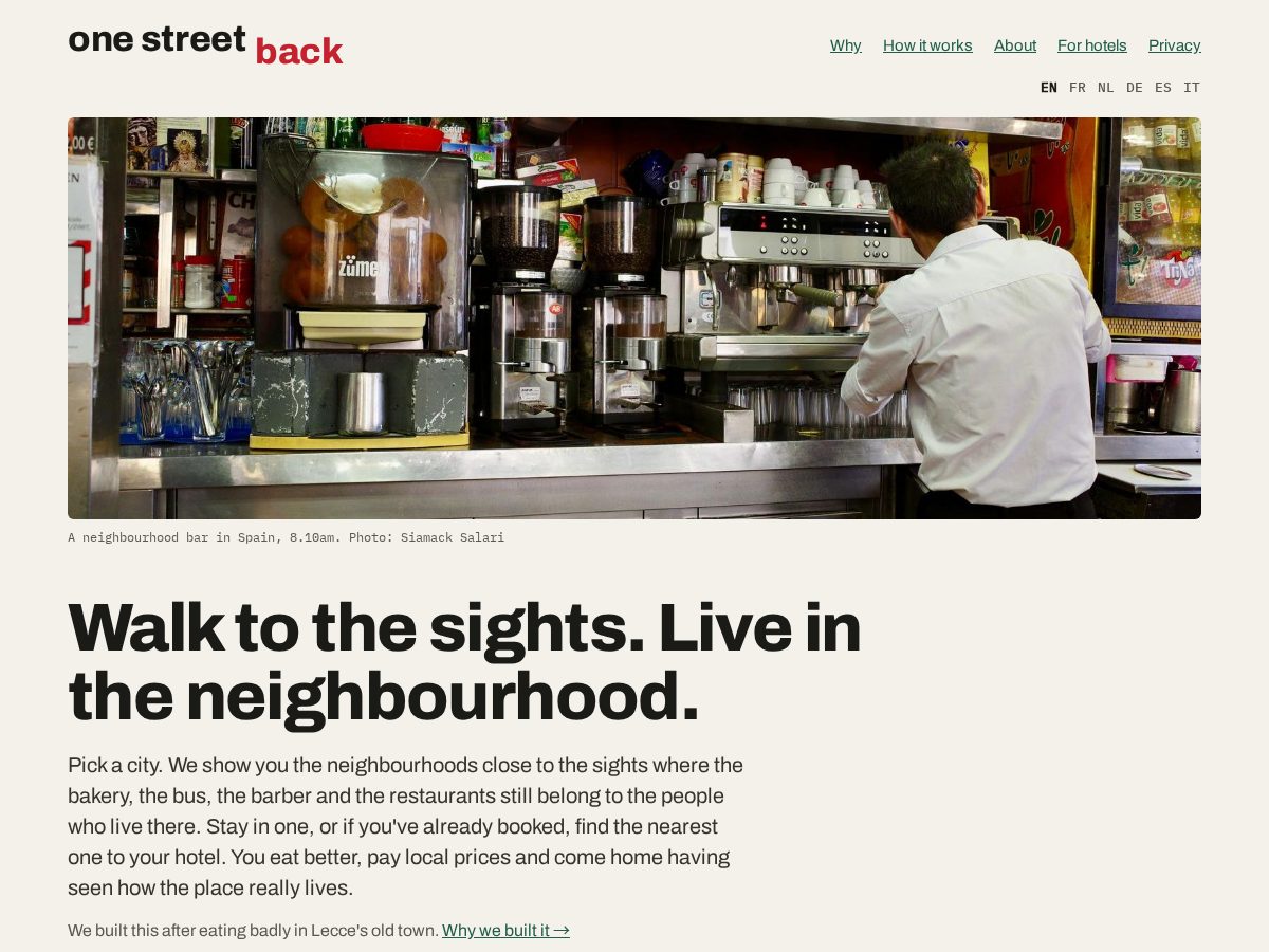 Landing-page snapshot of onestreetback.org
