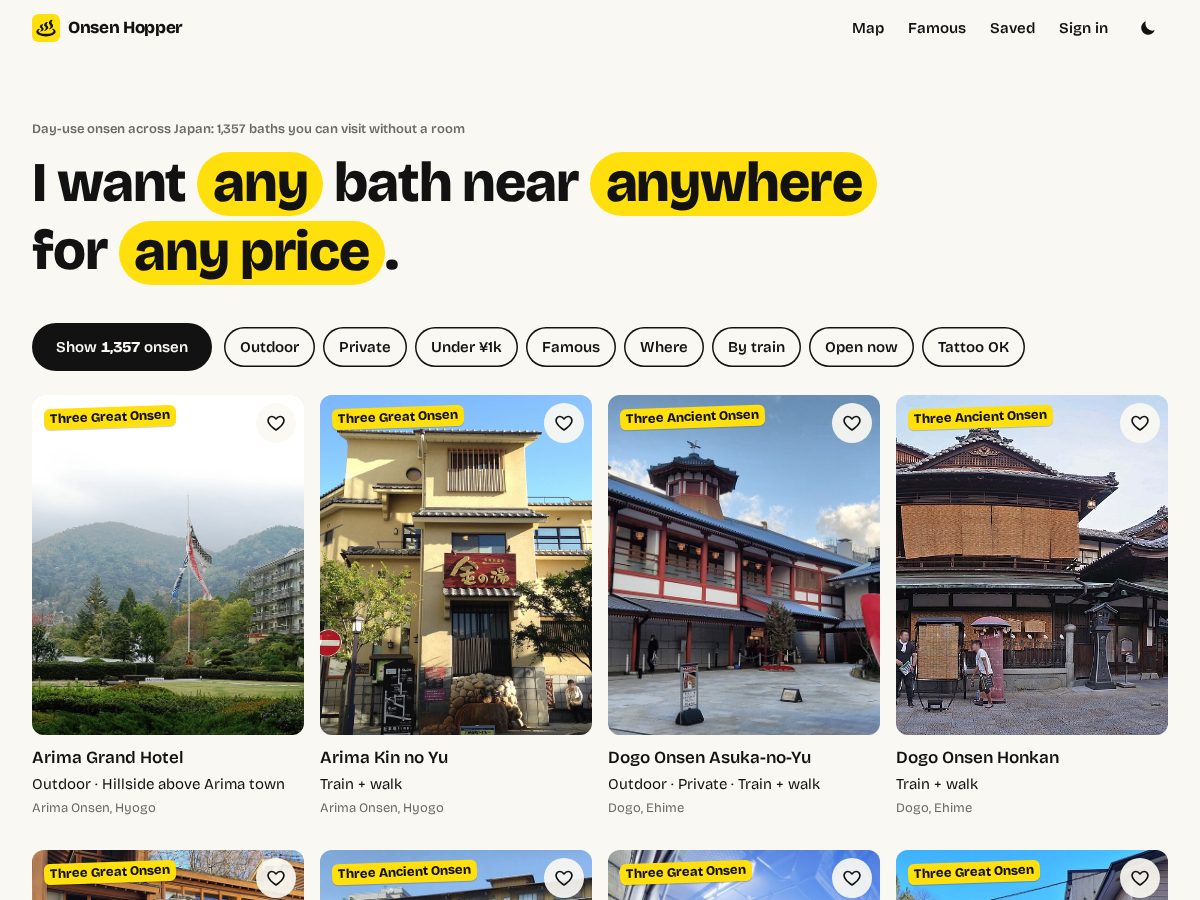 Landing-page snapshot of onsenhopper.com