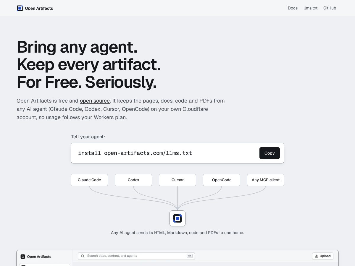 Landing-page snapshot of open-artifacts.com