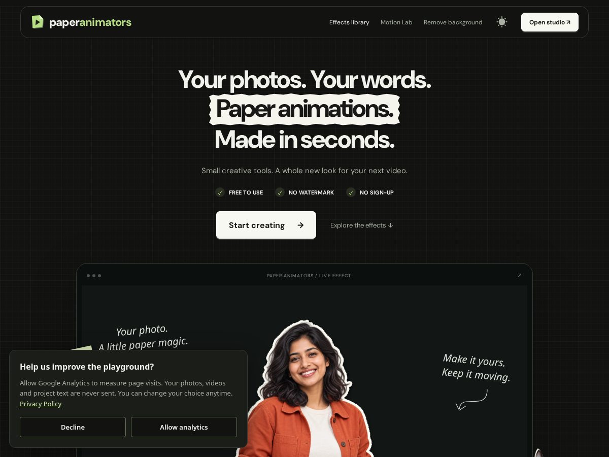 Landing-page snapshot of paperanimators.com