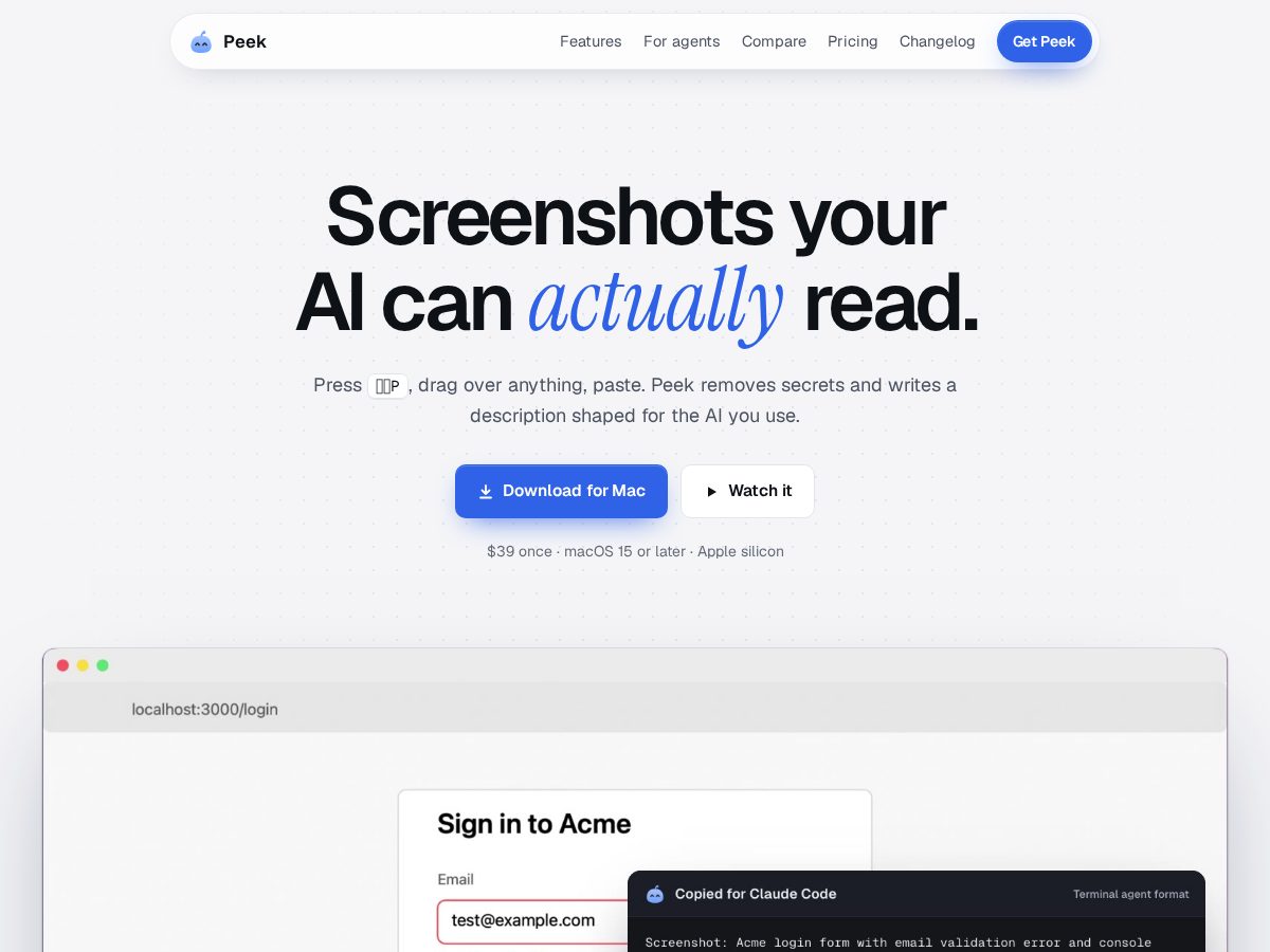 Landing-page snapshot of peekhq.app
