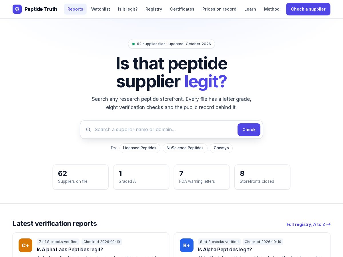 Landing-page snapshot of peptidetruth.org