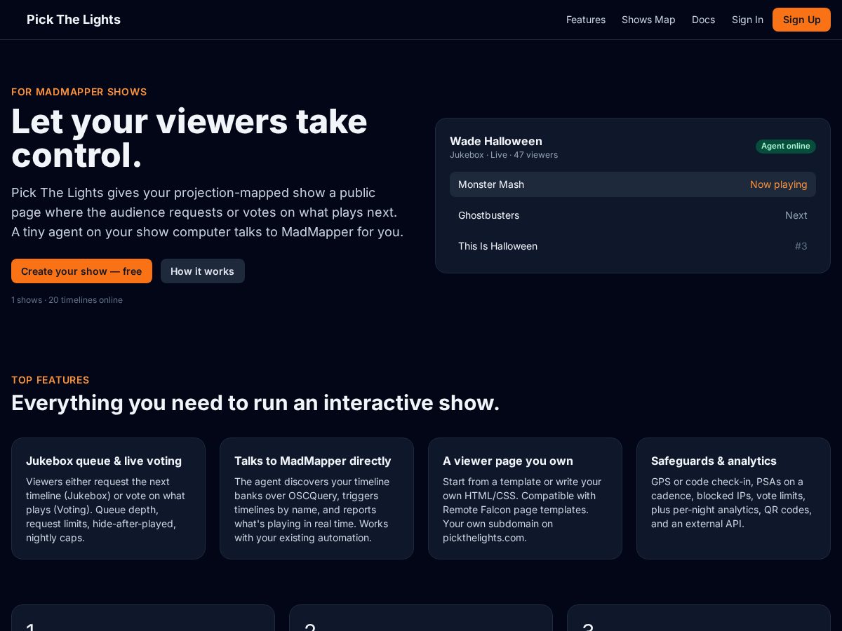 Landing-page snapshot of pickthelights.com