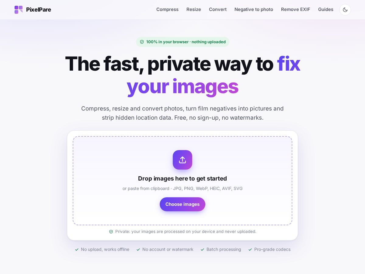 Landing-page snapshot of pixelpare.com