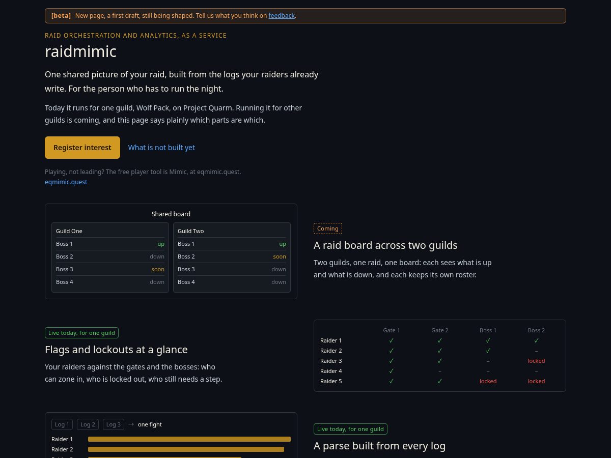 Landing-page snapshot of raidmimic.quest
