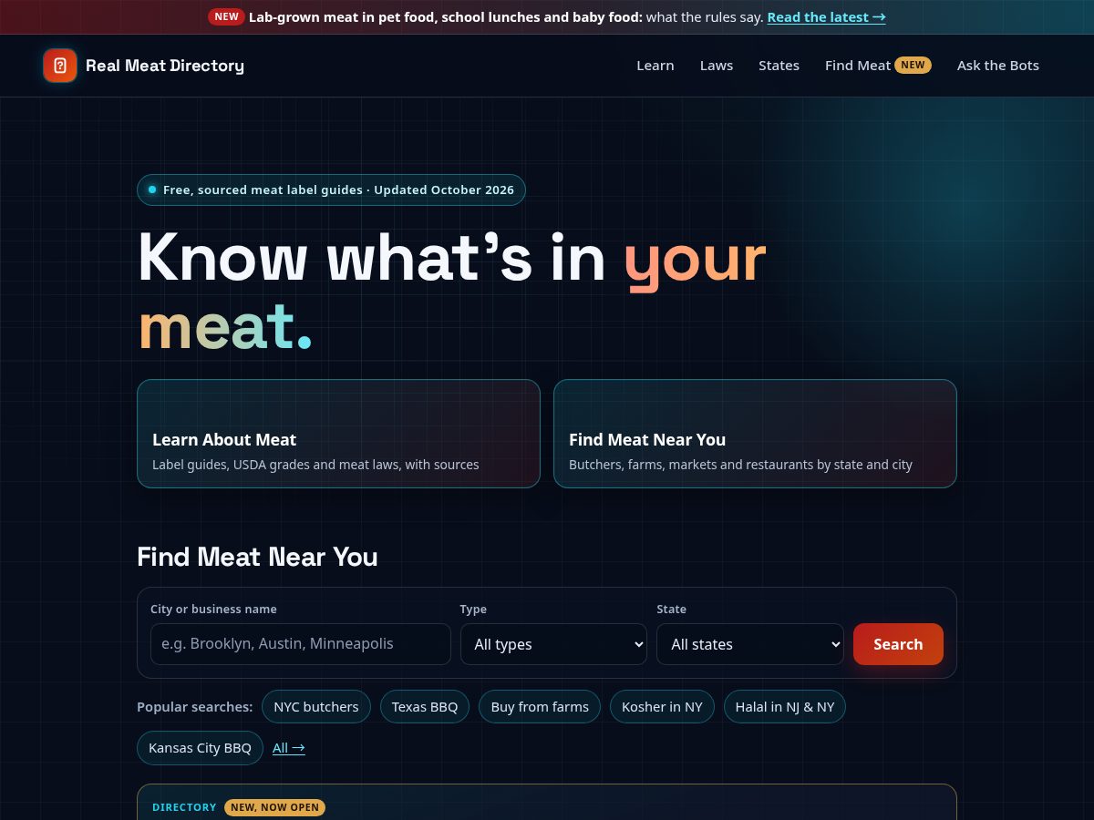 Landing-page snapshot of realmeatdirectory.com