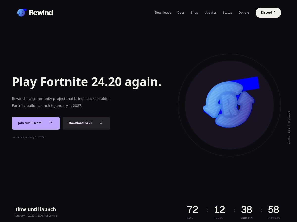 Landing-page snapshot of rewindfn.xyz
