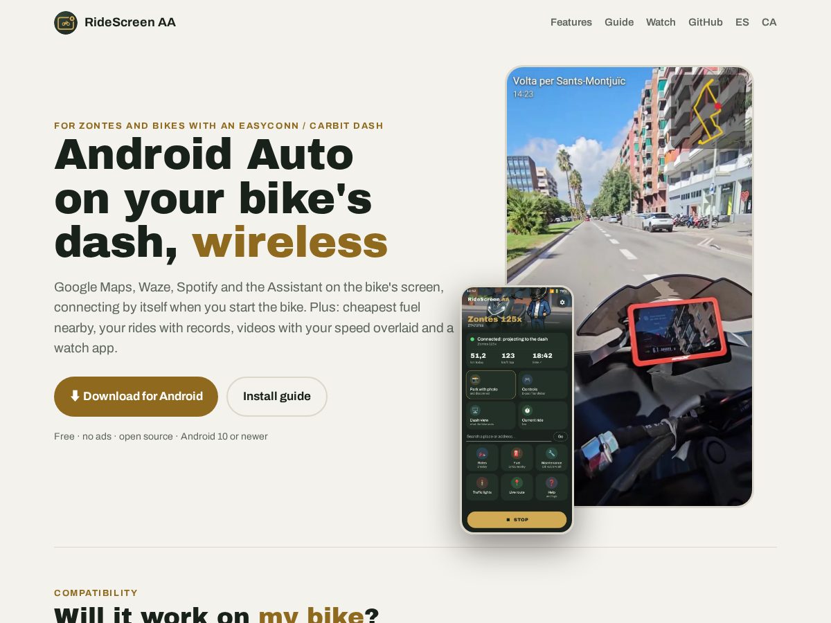 Landing-page snapshot of ridescreen.app
